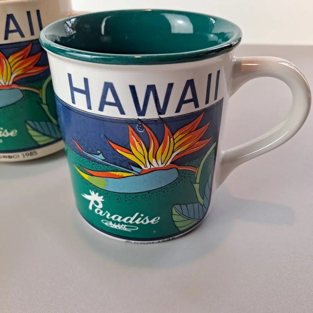 3 Vintage Hilo Hattie Hawaii Coffee Mugs Bird of Paradise Flower 1985